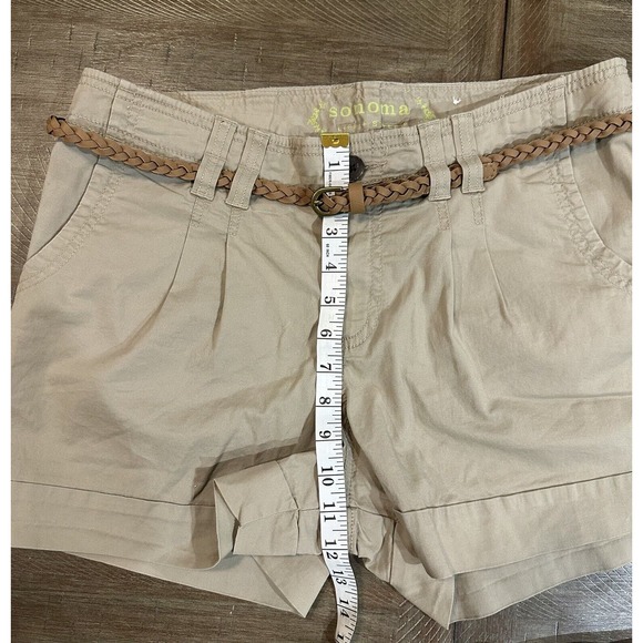 NWT Sonoma Women’s Size 12 Tan Khaki MidRise Belted Modern Short Comfort Stretch - Picture 11 of 16